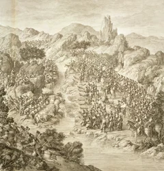 Die erste Schlacht zwischen der chinesischen Armee und der der Eleuths im Jahr 1759, Detail des Kampfes über den Fluss, Platte 10 aus einer Serie von Drucken, die die Eroberungen von Qianlong, dem Kaiser von China, darstellen